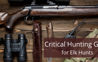 A picture of a rifle with a scope, a pair of binoculars, knife, communication device all are critical hunting gear for elk hunting