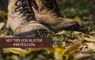 Hiking boots with yellow leaves underneath them, with banner saying "Blister Prevention During Your Hunt."